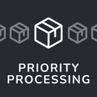 An illustration shows five boxes in a row with the center box highlighted in white. Beneath them, bold text reads PRIORITY PROCESSING by WAV, indicating fast service. The background is dark gray.