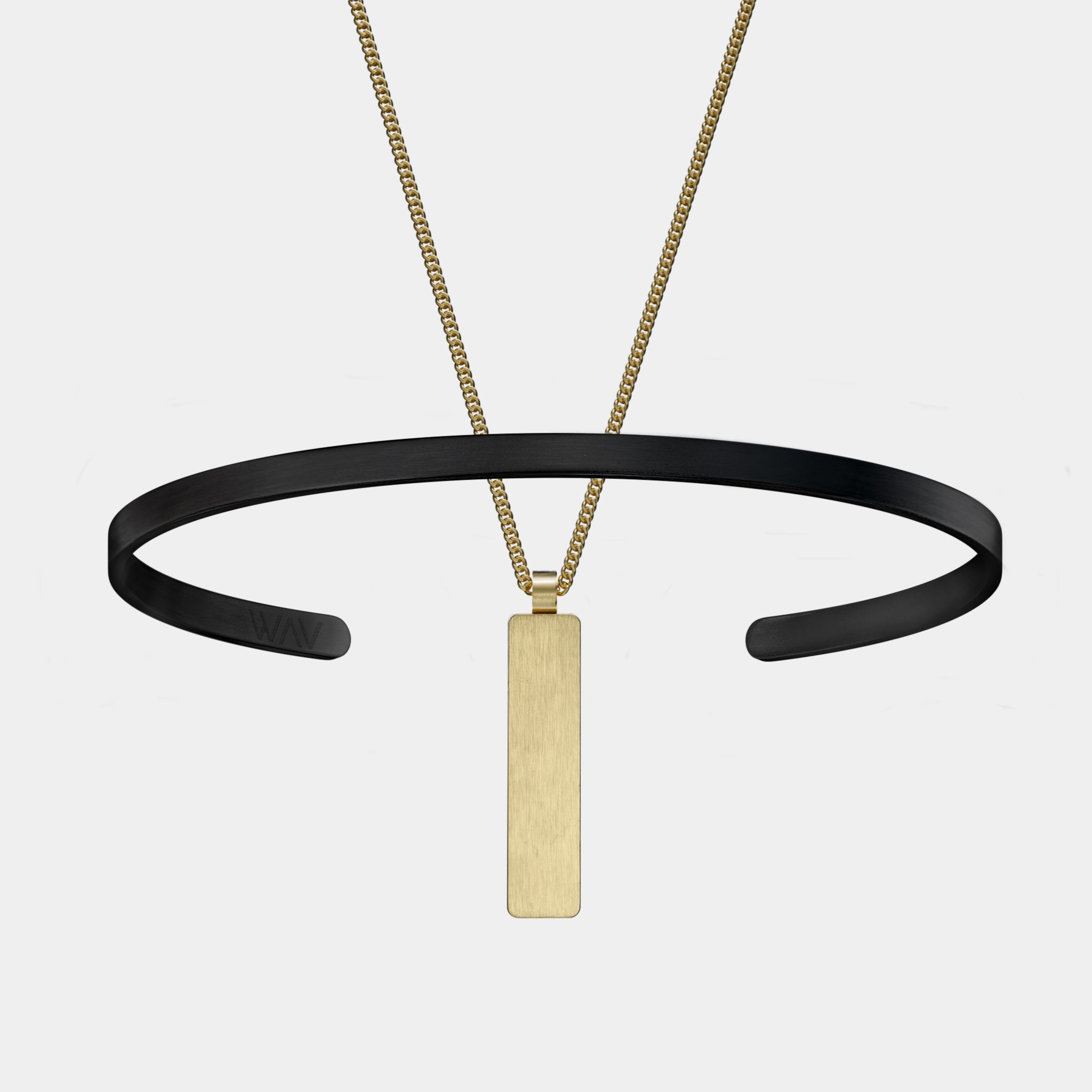 WAVs Custom Cuff + Necklace Bundle features a black choker with an open front and a personalized touch—a gold rectangular pendant necklace on a fine chain, set against a plain light background.