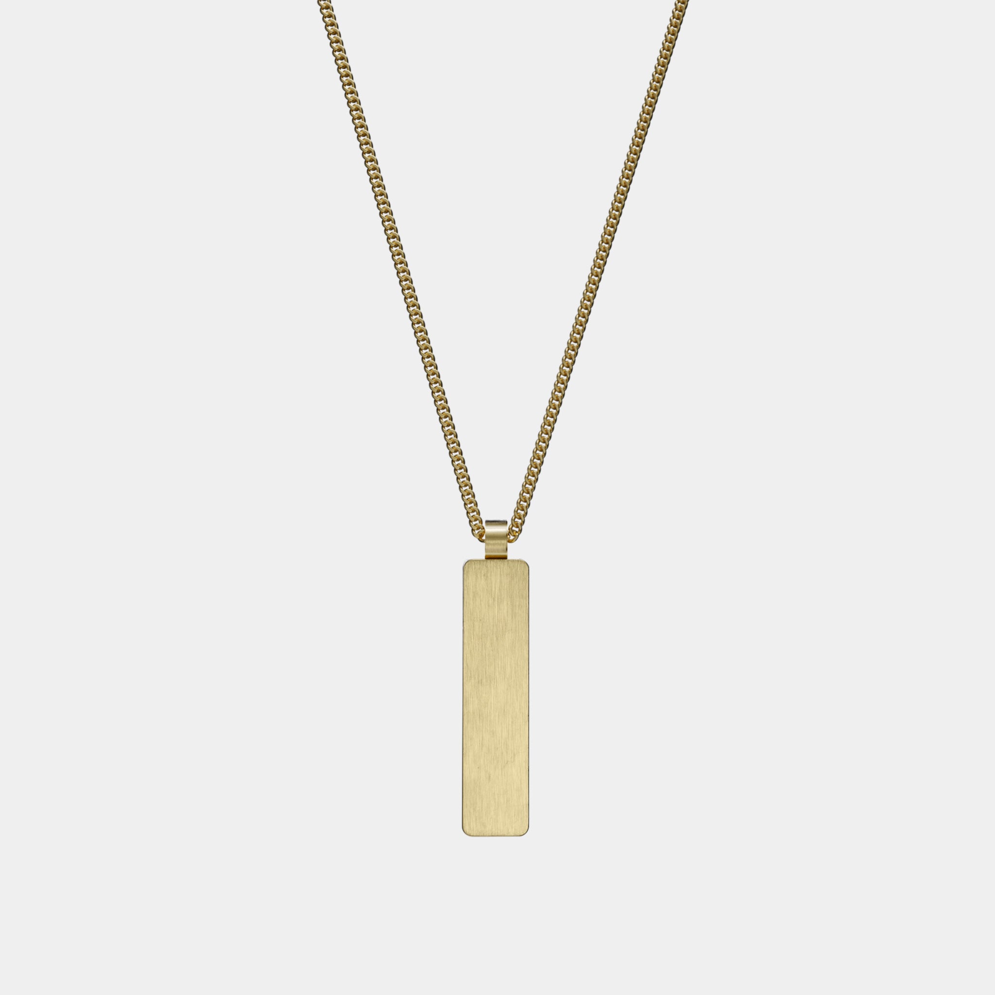 The Custom Necklace Bar by WAV features a gold, rectangular brushed metal pendant on a slender chain, expertly crafted as custom jewelry and displayed on a plain white background.